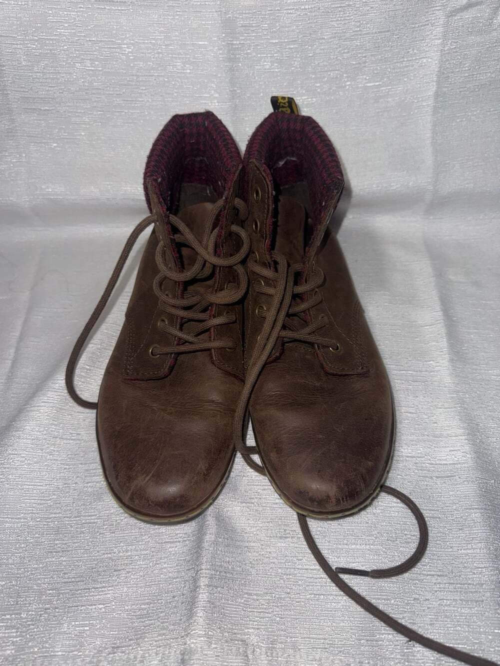Dr. Martens Maelly Brown Leather Boots with Red Plaid Lining